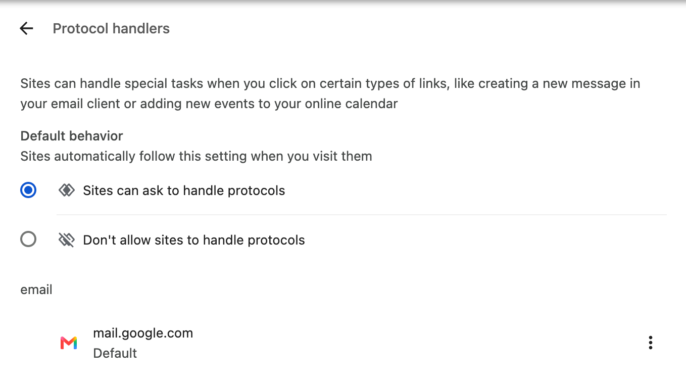 Chrome Protocol handlers settings showing mail.google.com under email with the Default label beneath it and its three-dot menu on the right.