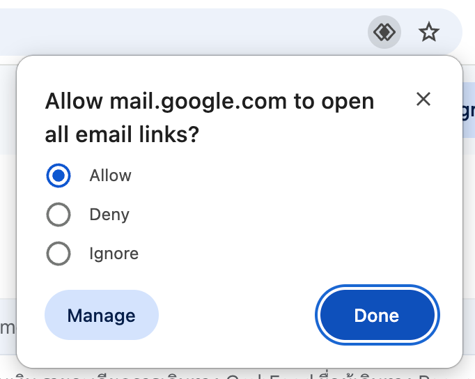 Chrome permission dialog asking Allow mail.google.com to open all email links, with Allow selected and a Done button.